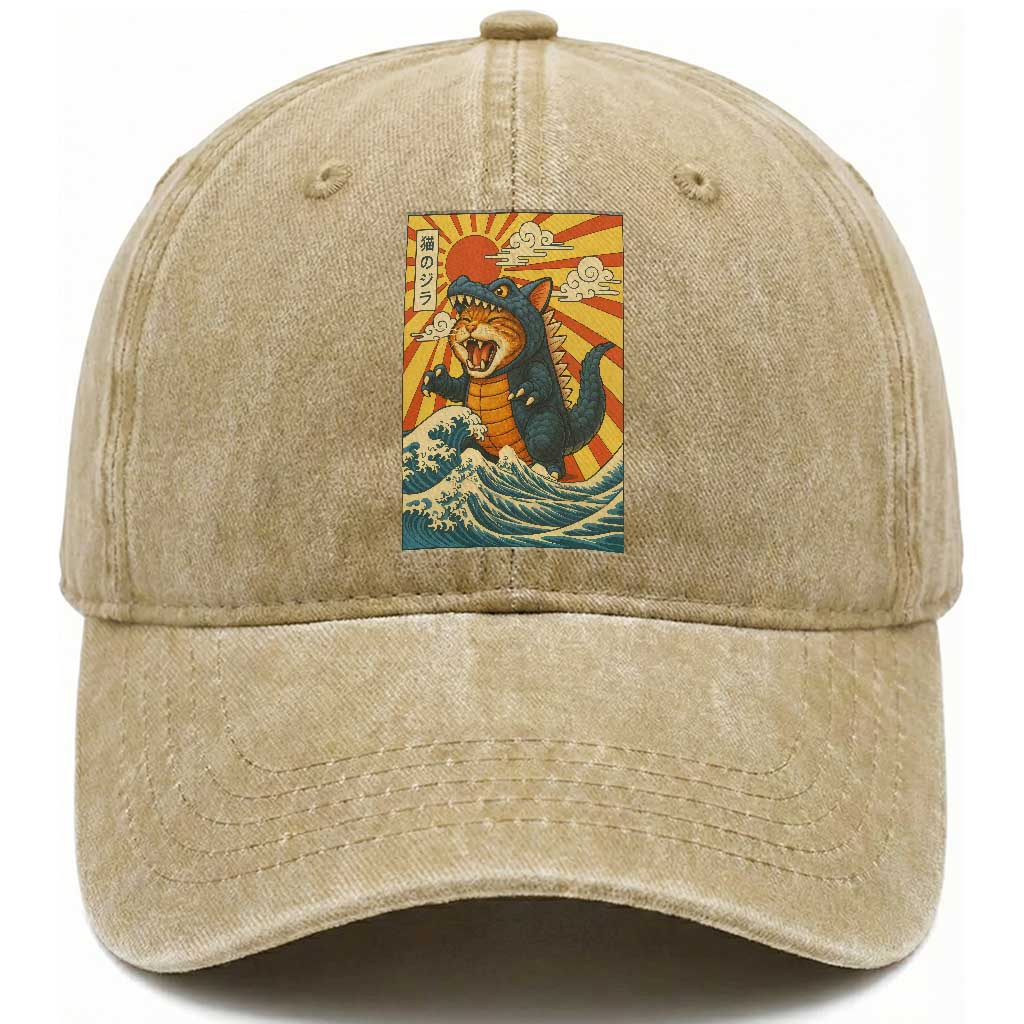 Kawaii Cat Monster Japanese Sun Wave Art Washed Cotton Baseball Cap