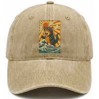 Kawaii Cat Monster Japanese Sun Wave Art Washed Cotton Baseball Cap