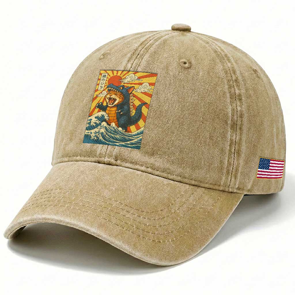 Kawaii Cat Monster Japanese Sun Wave Art Washed Cotton Baseball Cap