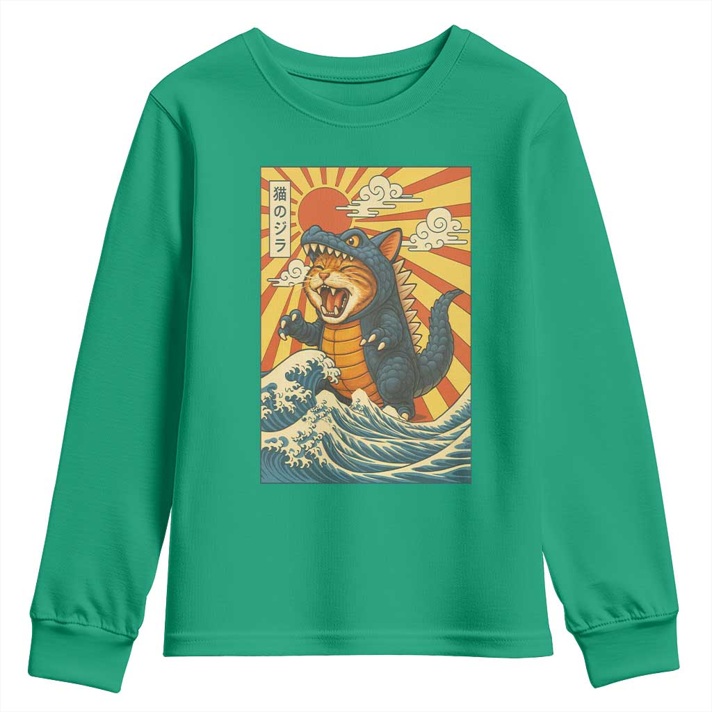 Catzilla Youth Sweatshirt Kawaii Cat Monster Japanese Sun Wave Art - Wonder Print Shop