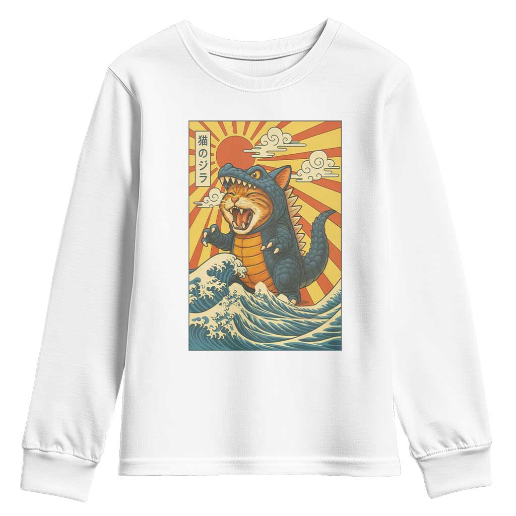 Catzilla Youth Sweatshirt Kawaii Cat Monster Japanese Sun Wave Art - Wonder Print Shop