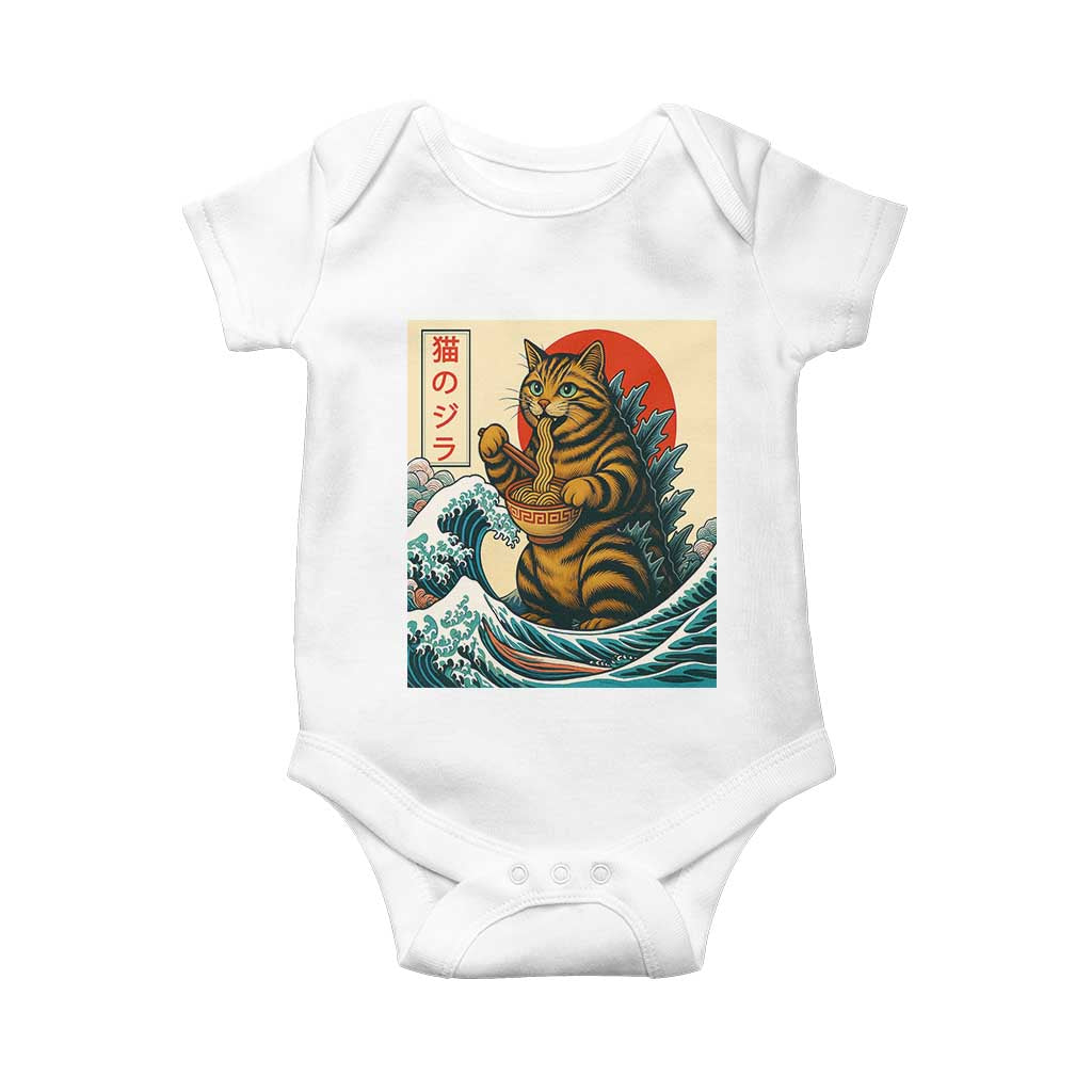 Catzilla Baby Onesie Cute Cat Eating Ramen Japanese Sun Wave Art - Wonder Print Shop