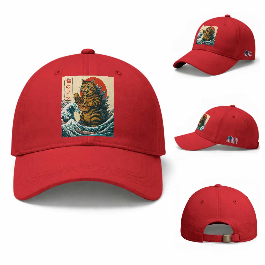 Cute Giant Cat Monster Eating Ramen Baseball Cap Japanese Sun Wave Art