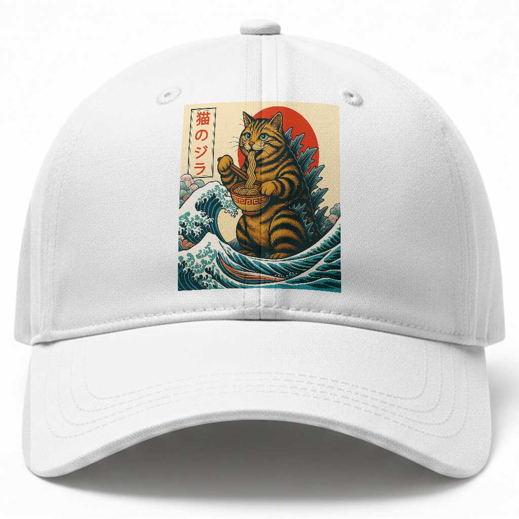 Cute Giant Cat Monster Eating Ramen Baseball Cap Japanese Sun Wave Art