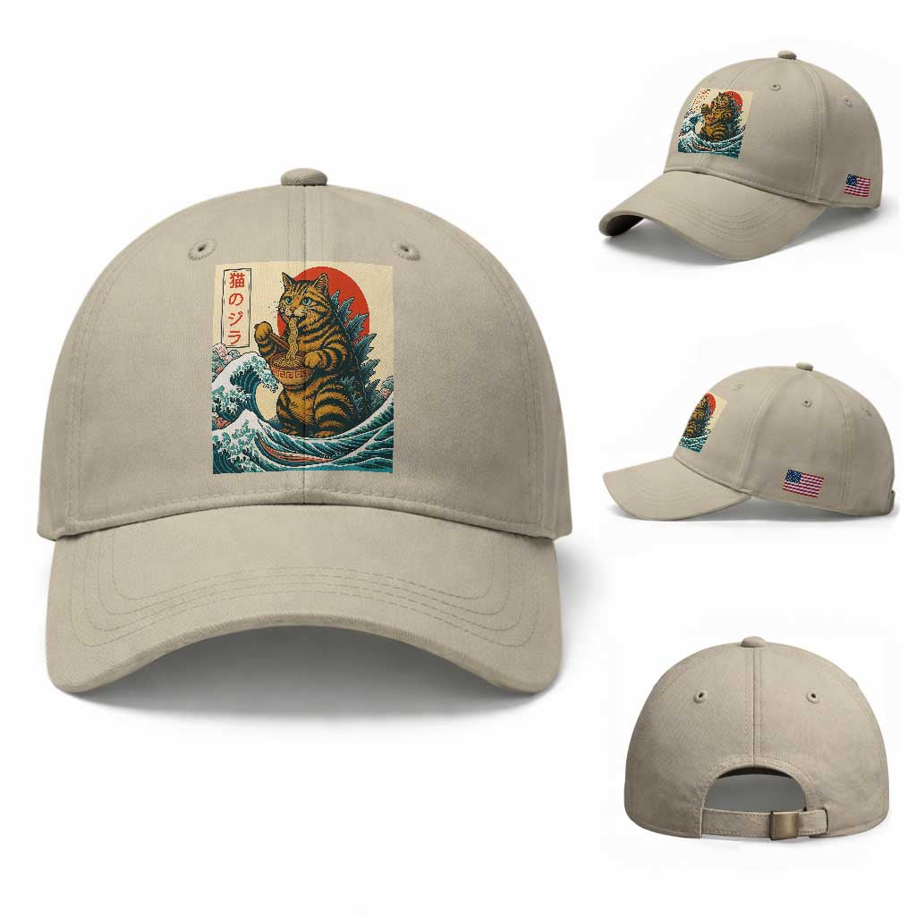 Cute Giant Cat Monster Eating Ramen Baseball Cap Japanese Sun Wave Art