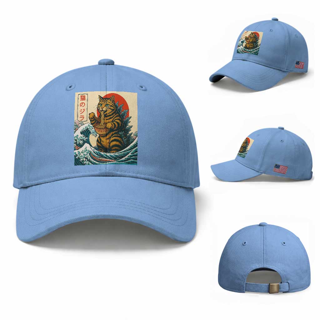 Cute Giant Cat Monster Eating Ramen Baseball Cap Japanese Sun Wave Art