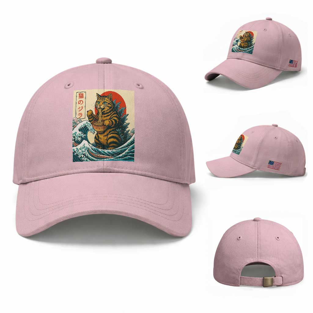 Cute Giant Cat Monster Eating Ramen Baseball Cap Japanese Sun Wave Art