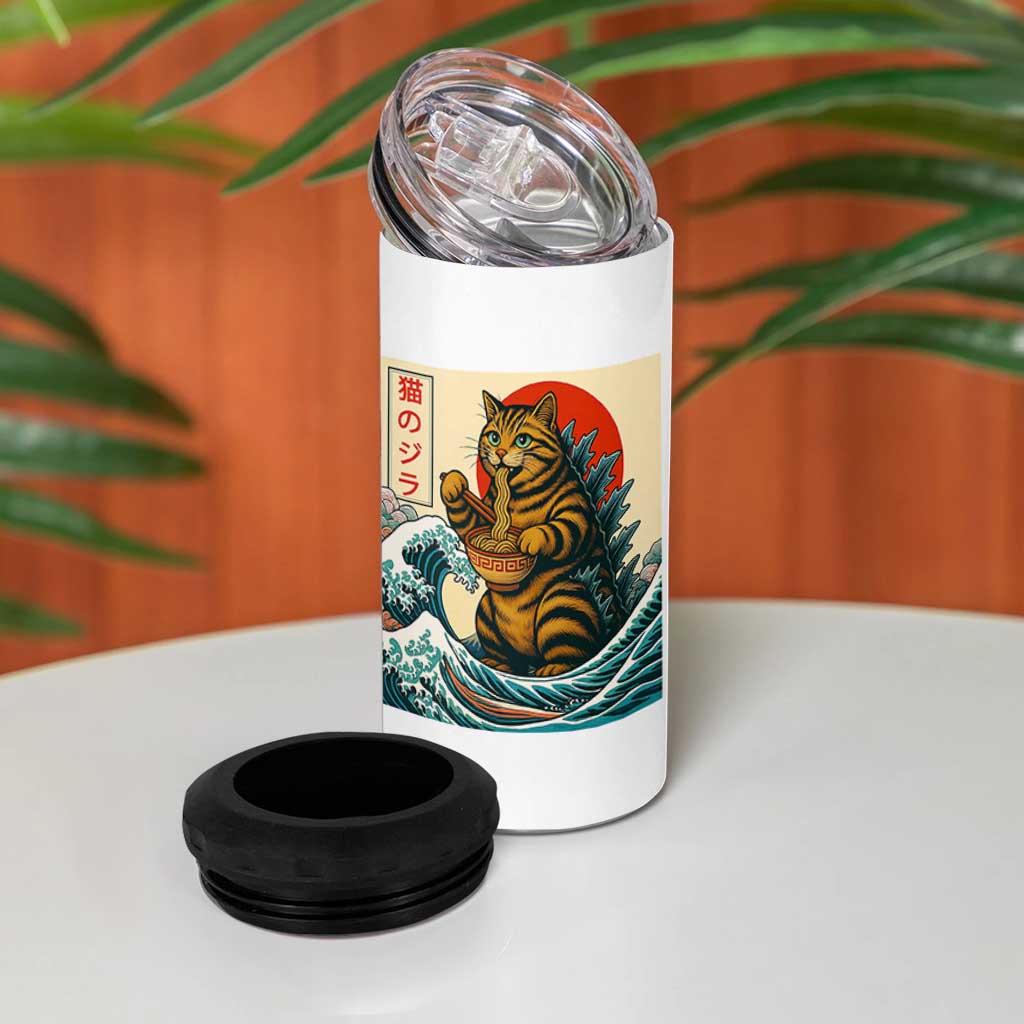 Catzilla 4 in 1 Can Cooler Tumbler Cute Cat Eating Ramen Japanese Sun Wave Art