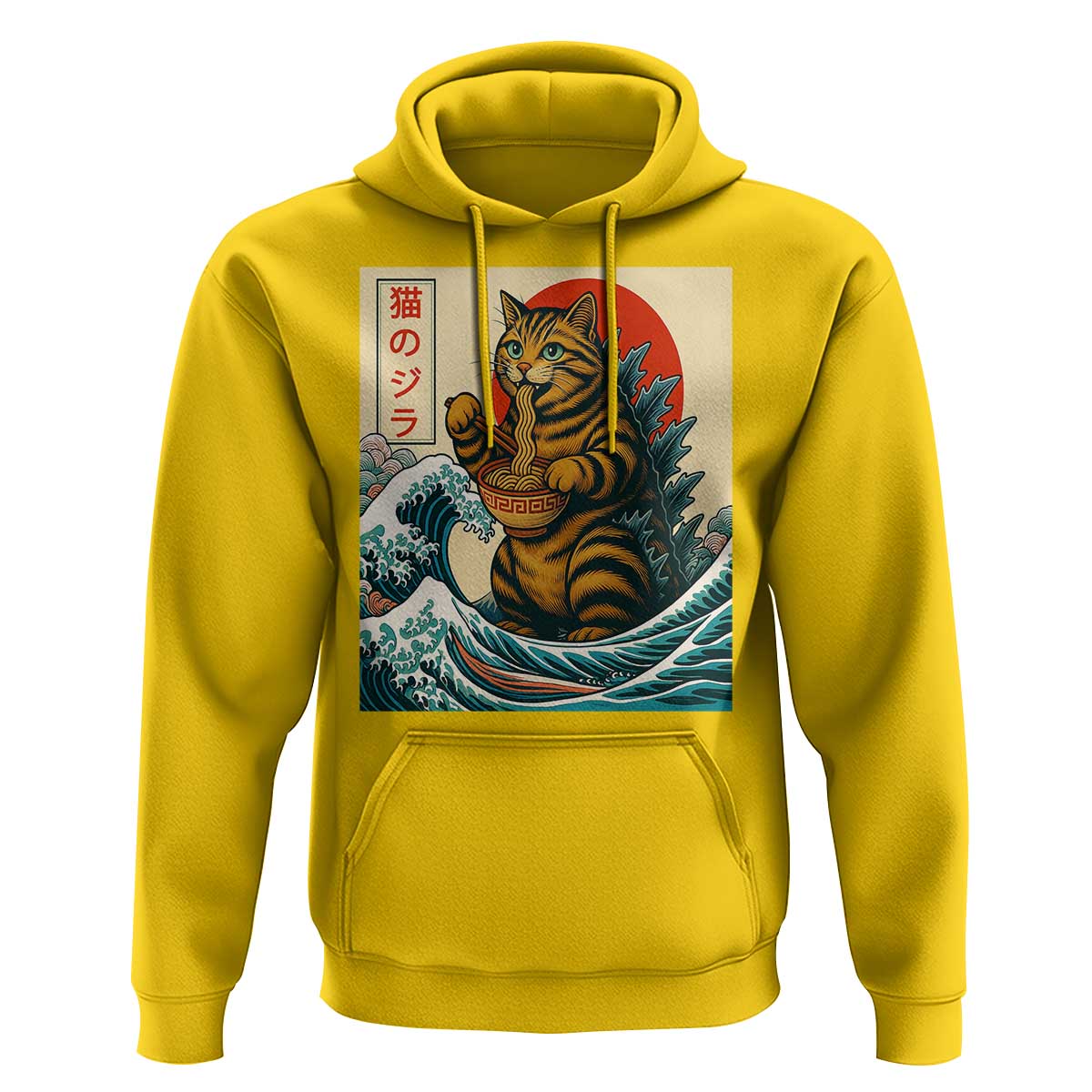 Catzilla Hoodie Cute Cat Eating Ramen Japanese Sun Wave Art - Wonder Print Shop