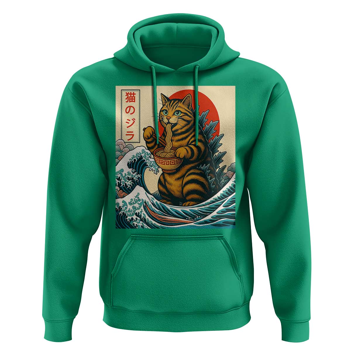 Catzilla Hoodie Cute Cat Eating Ramen Japanese Sun Wave Art - Wonder Print Shop