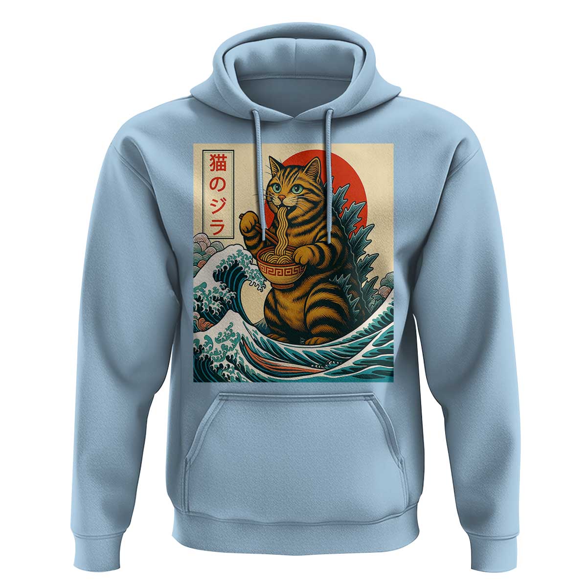 Catzilla Hoodie Cute Cat Eating Ramen Japanese Sun Wave Art - Wonder Print Shop
