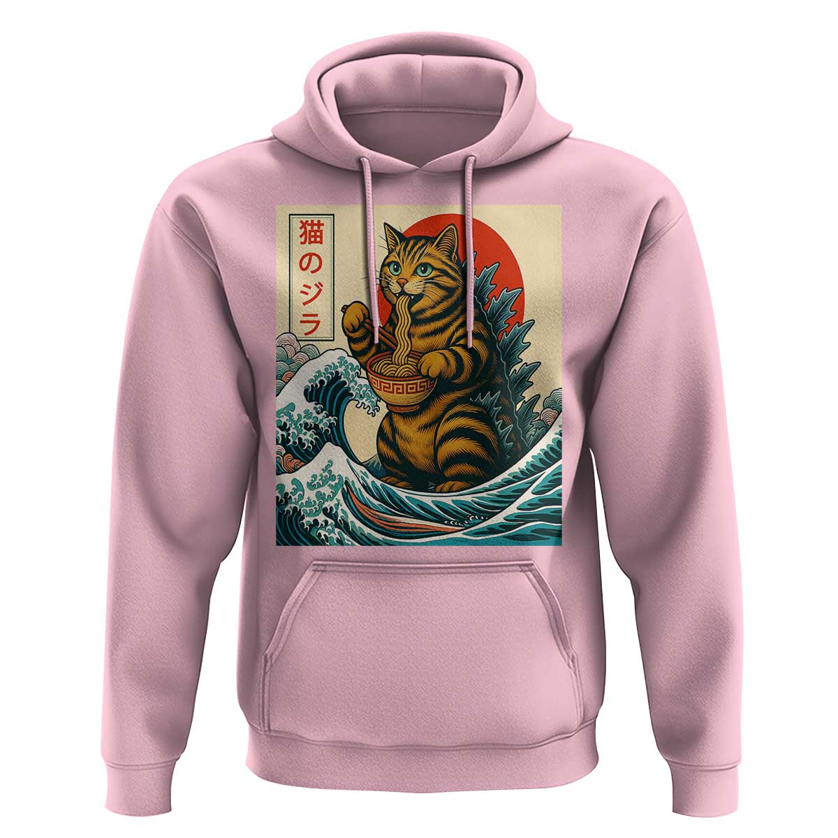 Catzilla Hoodie Cute Cat Eating Ramen Japanese Sun Wave Art - Wonder Print Shop