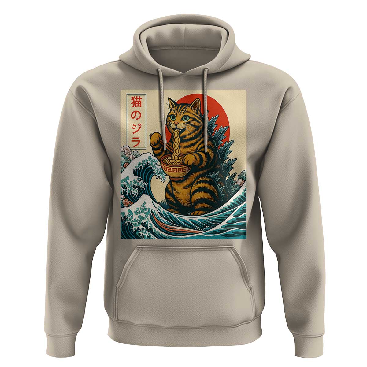 Catzilla Hoodie Cute Cat Eating Ramen Japanese Sun Wave Art - Wonder Print Shop