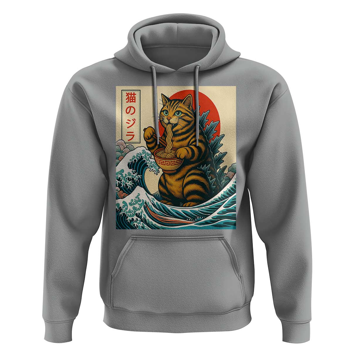 Catzilla Hoodie Cute Cat Eating Ramen Japanese Sun Wave Art - Wonder Print Shop