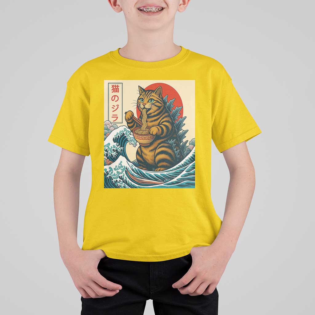 Catzilla T Shirt For Kid Cute Cat Eating Ramen Japanese Sun Wave Art - Wonder Print Shop