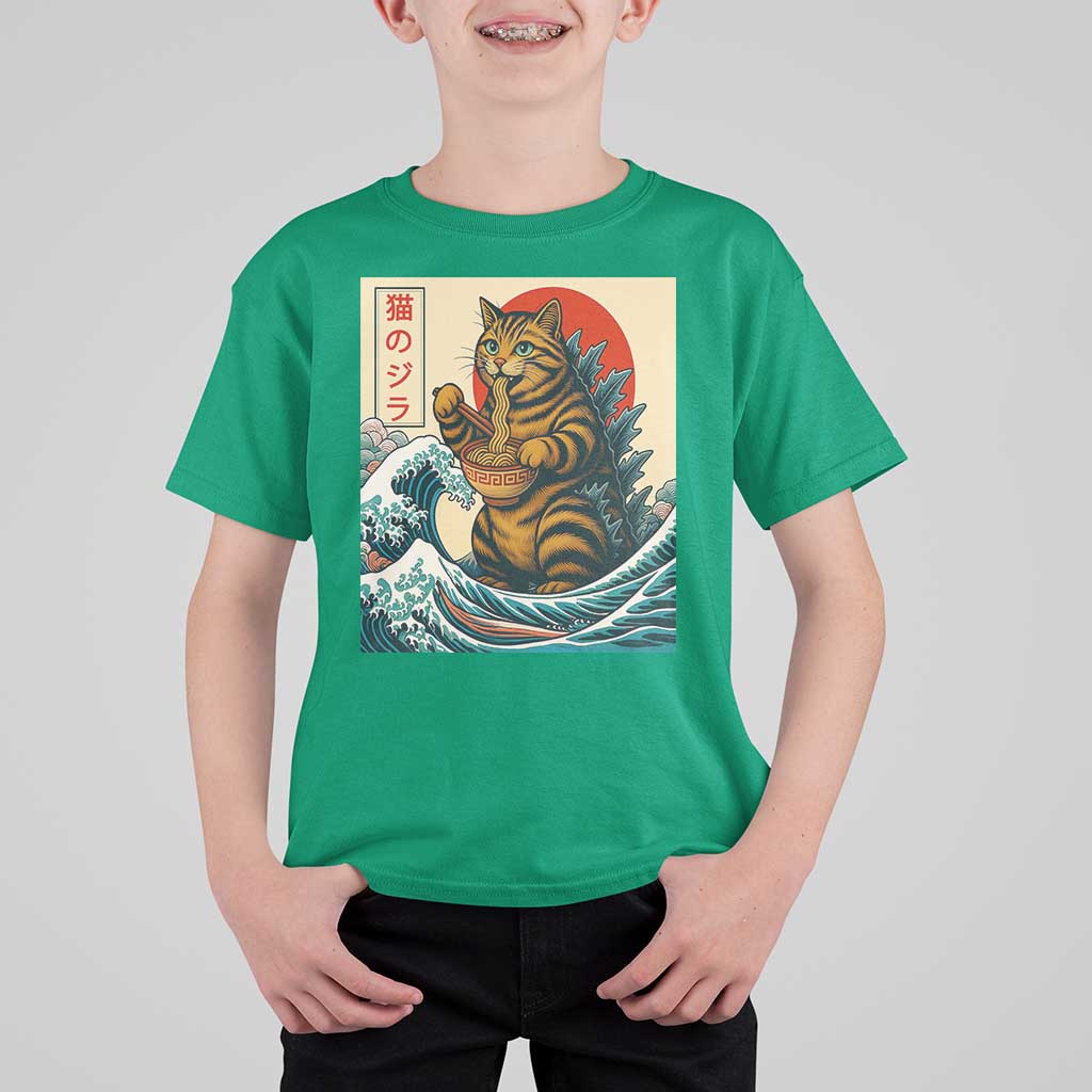 Catzilla T Shirt For Kid Cute Cat Eating Ramen Japanese Sun Wave Art - Wonder Print Shop