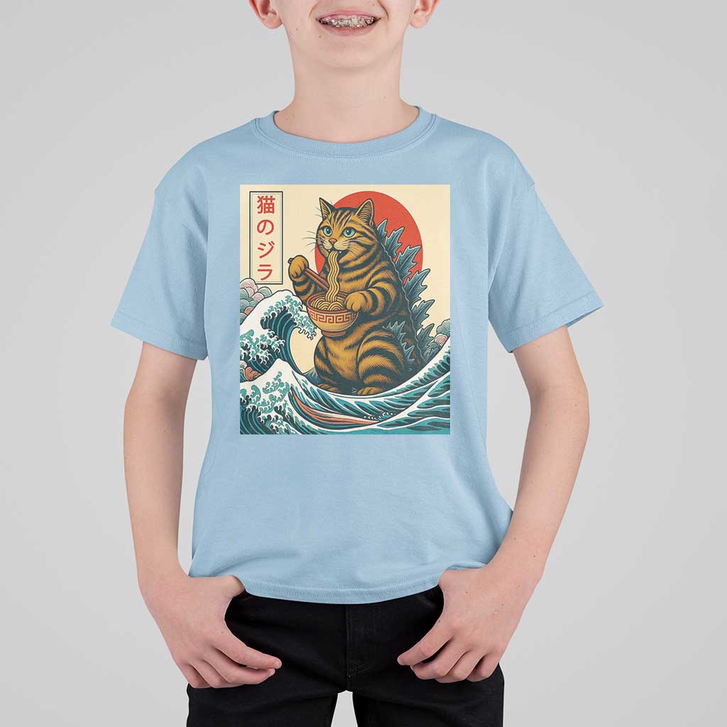 Catzilla T Shirt For Kid Cute Cat Eating Ramen Japanese Sun Wave Art - Wonder Print Shop