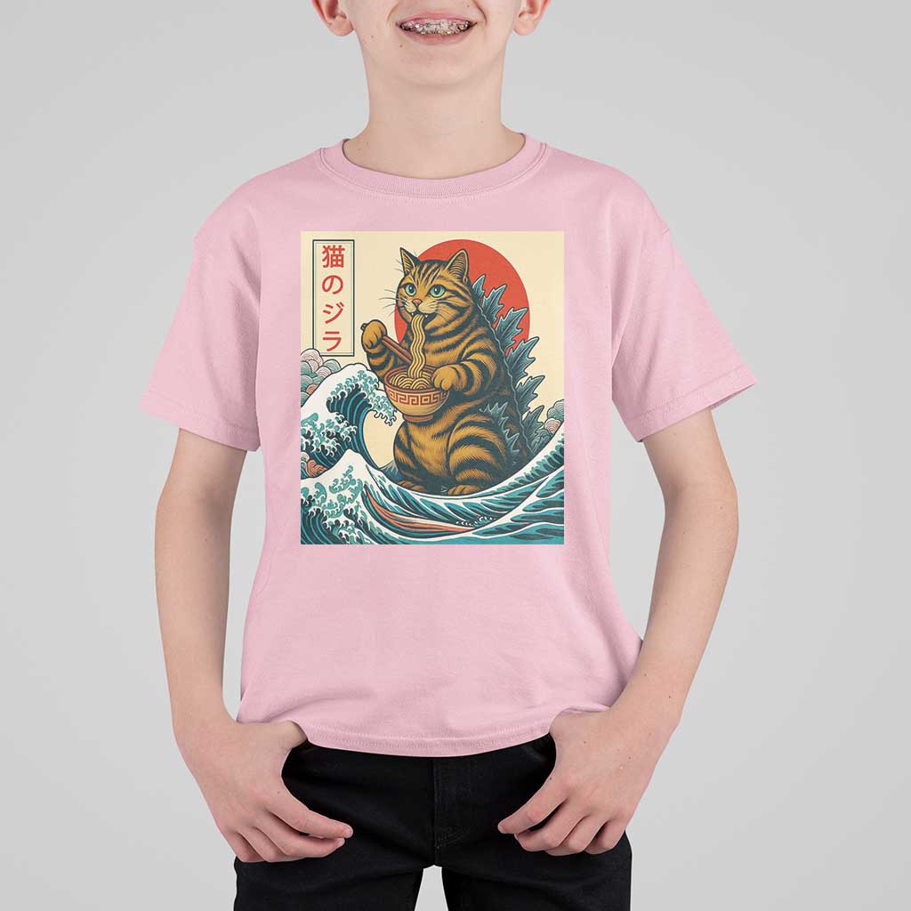 Catzilla T Shirt For Kid Cute Cat Eating Ramen Japanese Sun Wave Art - Wonder Print Shop