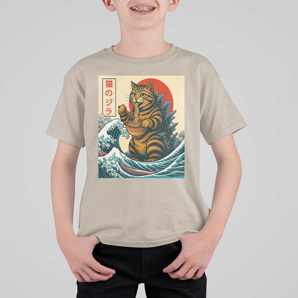 Catzilla T Shirt For Kid Cute Cat Eating Ramen Japanese Sun Wave Art - Wonder Print Shop