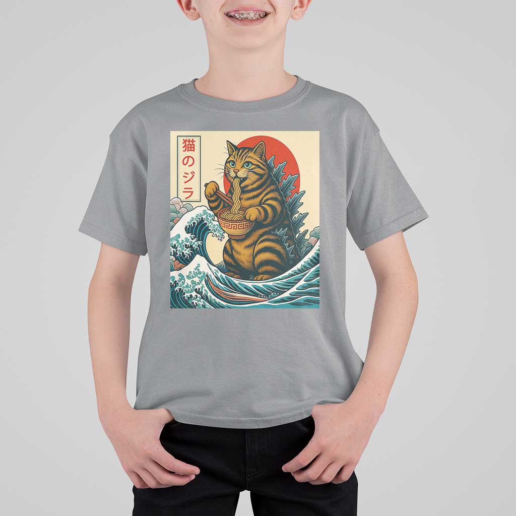 Catzilla T Shirt For Kid Cute Cat Eating Ramen Japanese Sun Wave Art - Wonder Print Shop