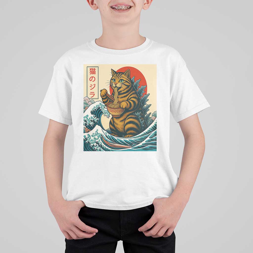 Catzilla T Shirt For Kid Cute Cat Eating Ramen Japanese Sun Wave Art - Wonder Print Shop