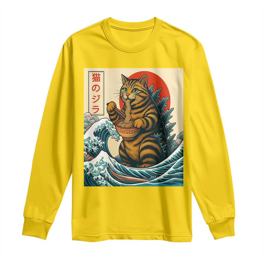 Catzilla Long Sleeve Shirt Cute Cat Eating Ramen Japanese Sun Wave Art - Wonder Print Shop