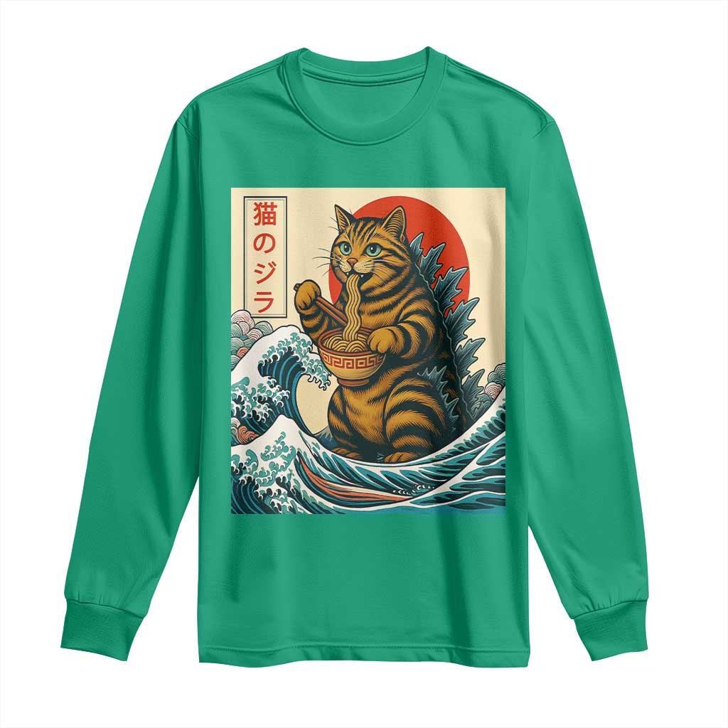 Catzilla Long Sleeve Shirt Cute Cat Eating Ramen Japanese Sun Wave Art - Wonder Print Shop