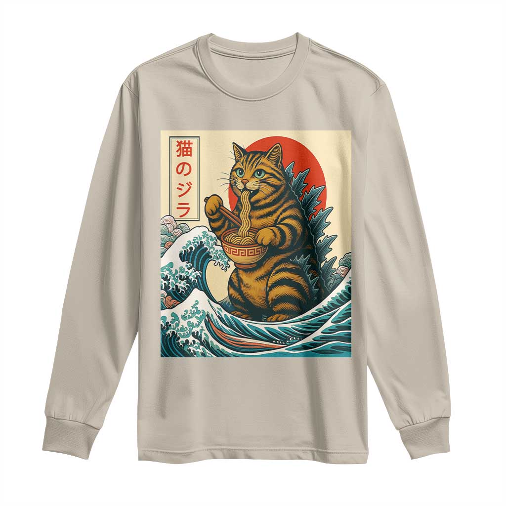 Catzilla Long Sleeve Shirt Cute Cat Eating Ramen Japanese Sun Wave Art - Wonder Print Shop