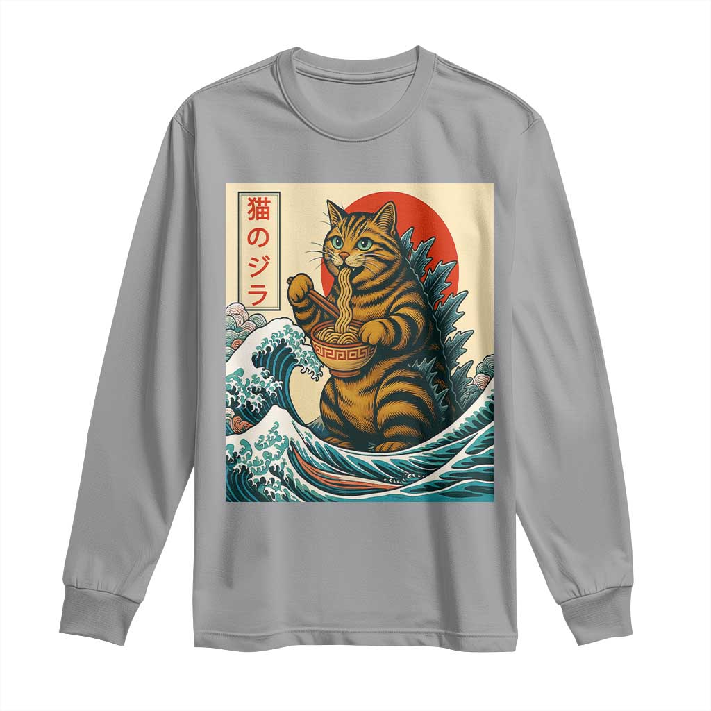 Catzilla Long Sleeve Shirt Cute Cat Eating Ramen Japanese Sun Wave Art - Wonder Print Shop