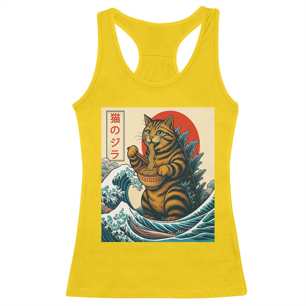 Catzilla Racerback Tank Top Cute Cat Eating Ramen Japanese Sun Wave Art - Wonder Print Shop