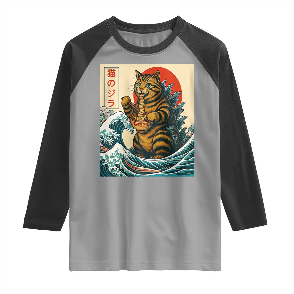 Catzilla Raglan Shirt Cute Cat Eating Ramen Japanese Sun Wave Art - Wonder Print Shop
