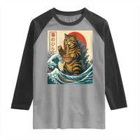 Catzilla Raglan Shirt Cute Cat Eating Ramen Japanese Sun Wave Art - Wonder Print Shop
