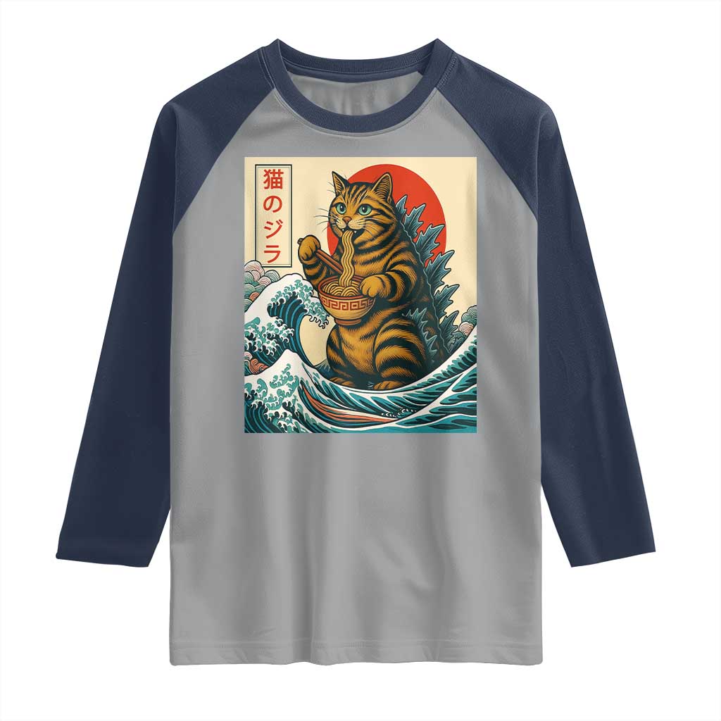 Catzilla Raglan Shirt Cute Cat Eating Ramen Japanese Sun Wave Art - Wonder Print Shop