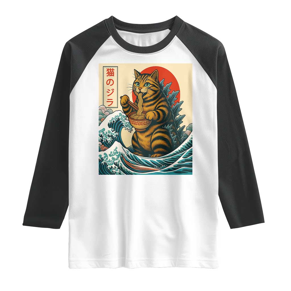 Catzilla Raglan Shirt Cute Cat Eating Ramen Japanese Sun Wave Art - Wonder Print Shop