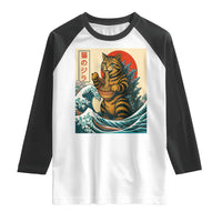 Catzilla Raglan Shirt Cute Cat Eating Ramen Japanese Sun Wave Art - Wonder Print Shop