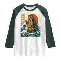 Catzilla Raglan Shirt Cute Cat Eating Ramen Japanese Sun Wave Art - Wonder Print Shop