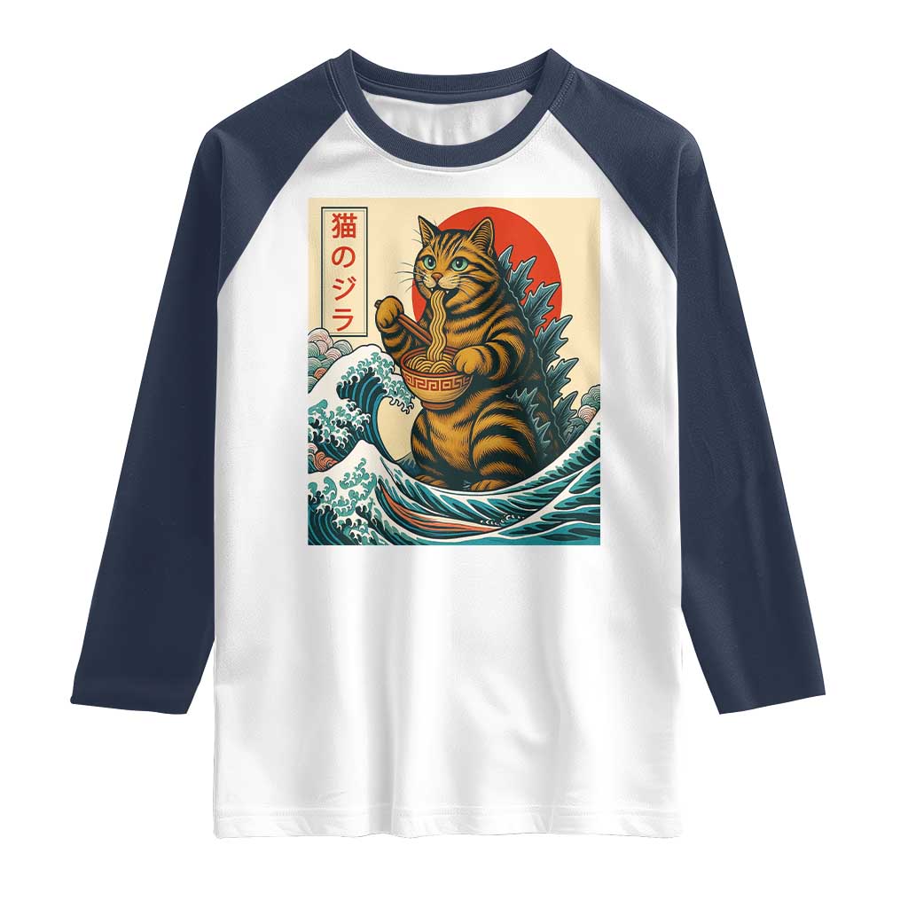 Catzilla Raglan Shirt Cute Cat Eating Ramen Japanese Sun Wave Art - Wonder Print Shop