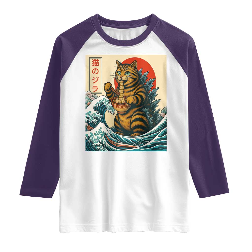 Catzilla Raglan Shirt Cute Cat Eating Ramen Japanese Sun Wave Art - Wonder Print Shop