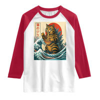 Catzilla Raglan Shirt Cute Cat Eating Ramen Japanese Sun Wave Art - Wonder Print Shop