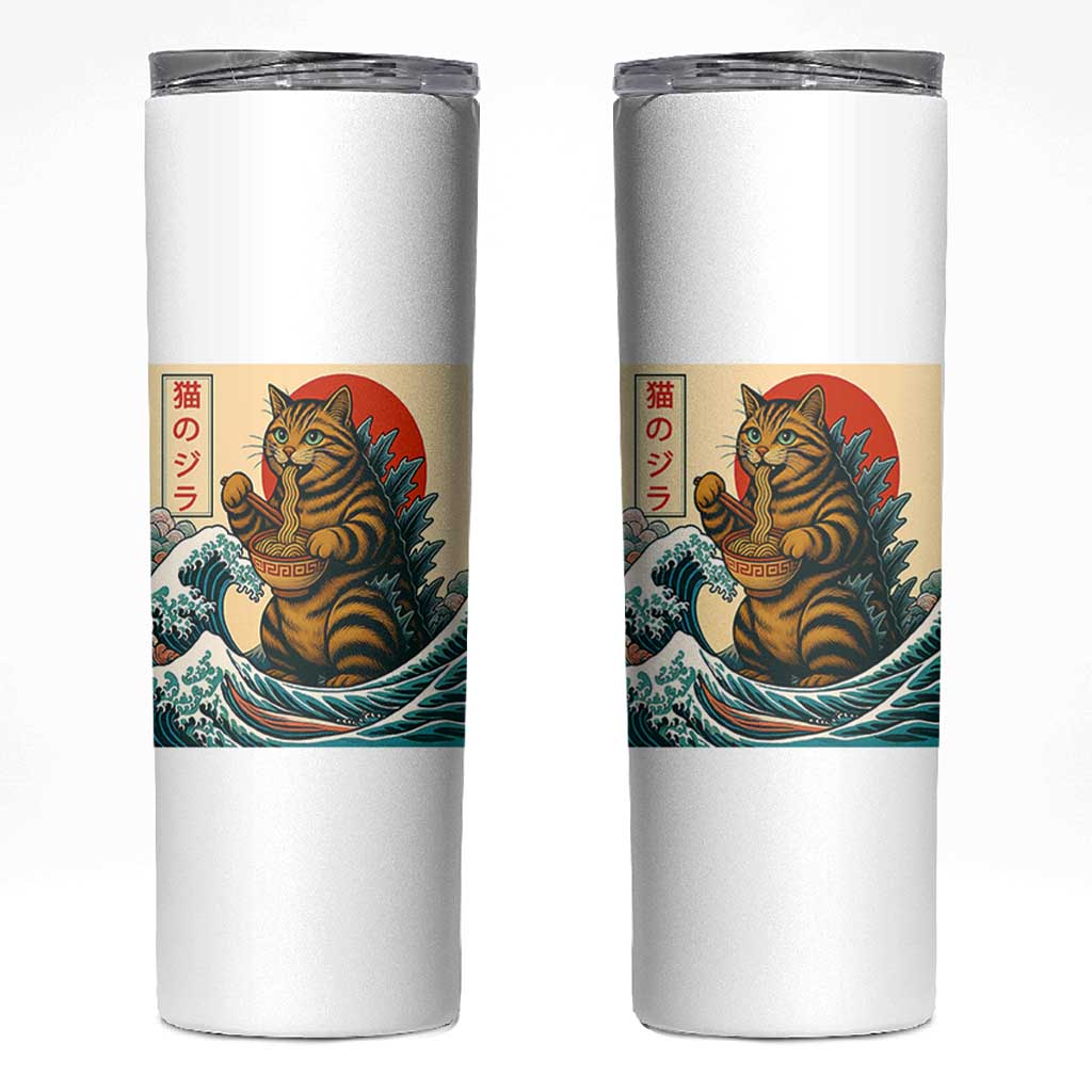 Catzilla Skinny Tumbler Cute Cat Eating Ramen Japanese Sun Wave Art