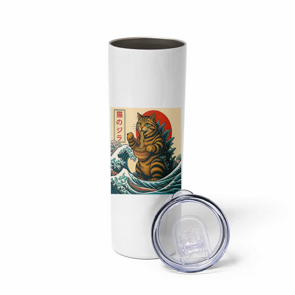 Catzilla Skinny Tumbler Cute Cat Eating Ramen Japanese Sun Wave Art