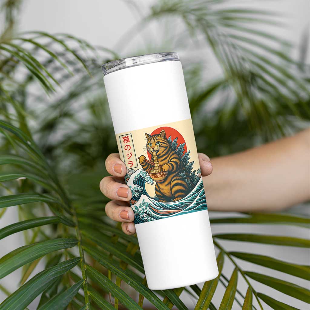 Catzilla Skinny Tumbler Cute Cat Eating Ramen Japanese Sun Wave Art