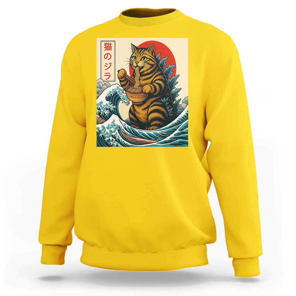 Catzilla Sweatshirt Cute Cat Eating Ramen Japanese Sun Wave Art - Wonder Print Shop