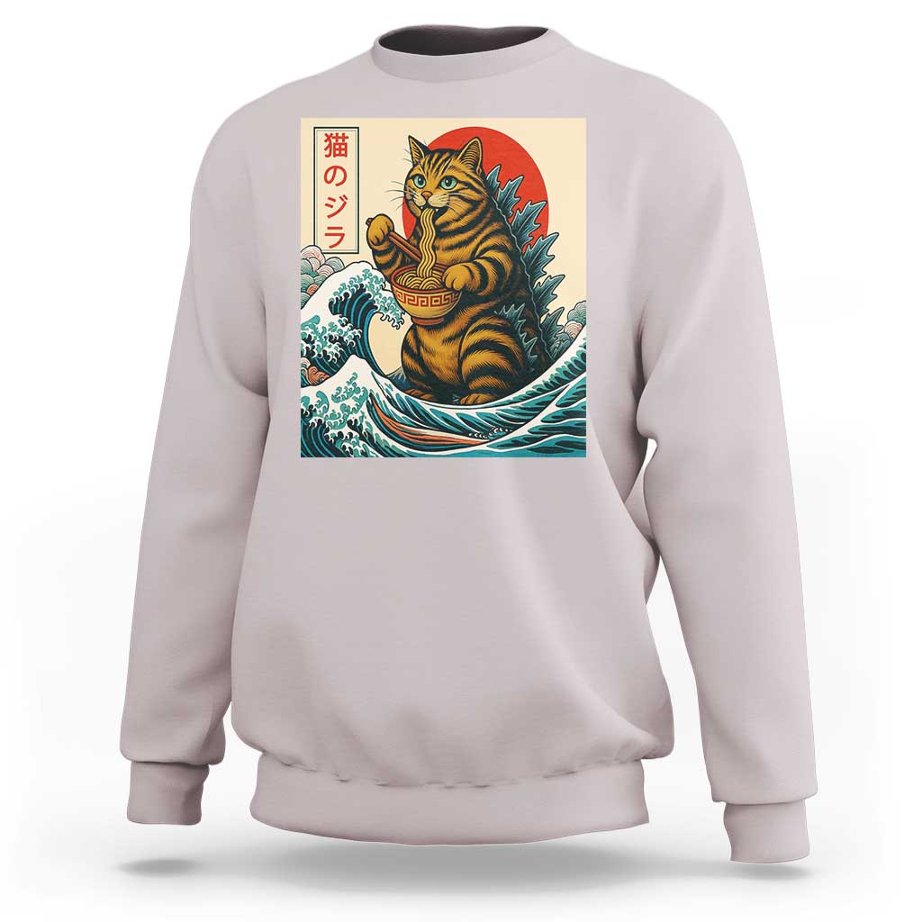 Catzilla Sweatshirt Cute Cat Eating Ramen Japanese Sun Wave Art - Wonder Print Shop