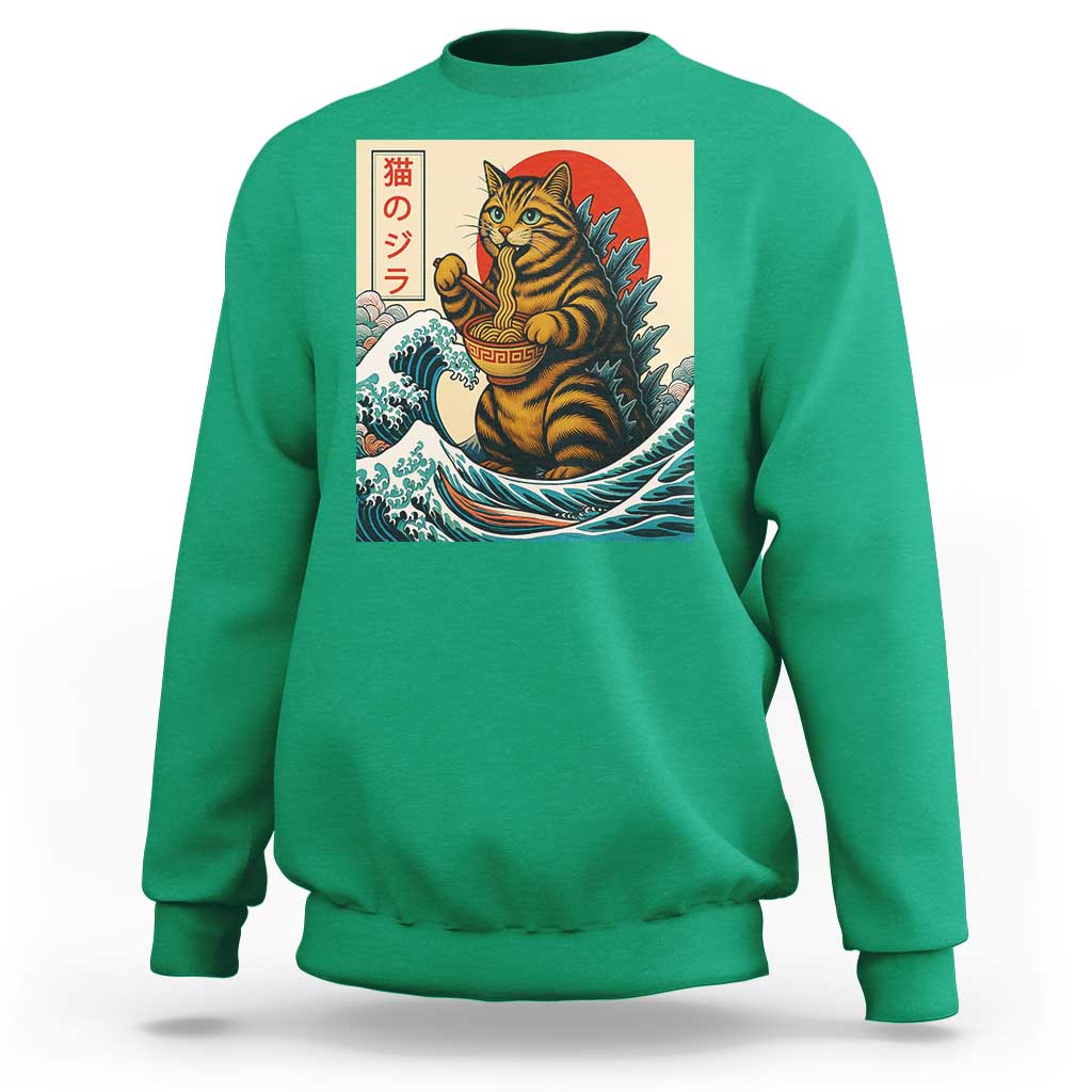 Catzilla Sweatshirt Cute Cat Eating Ramen Japanese Sun Wave Art - Wonder Print Shop