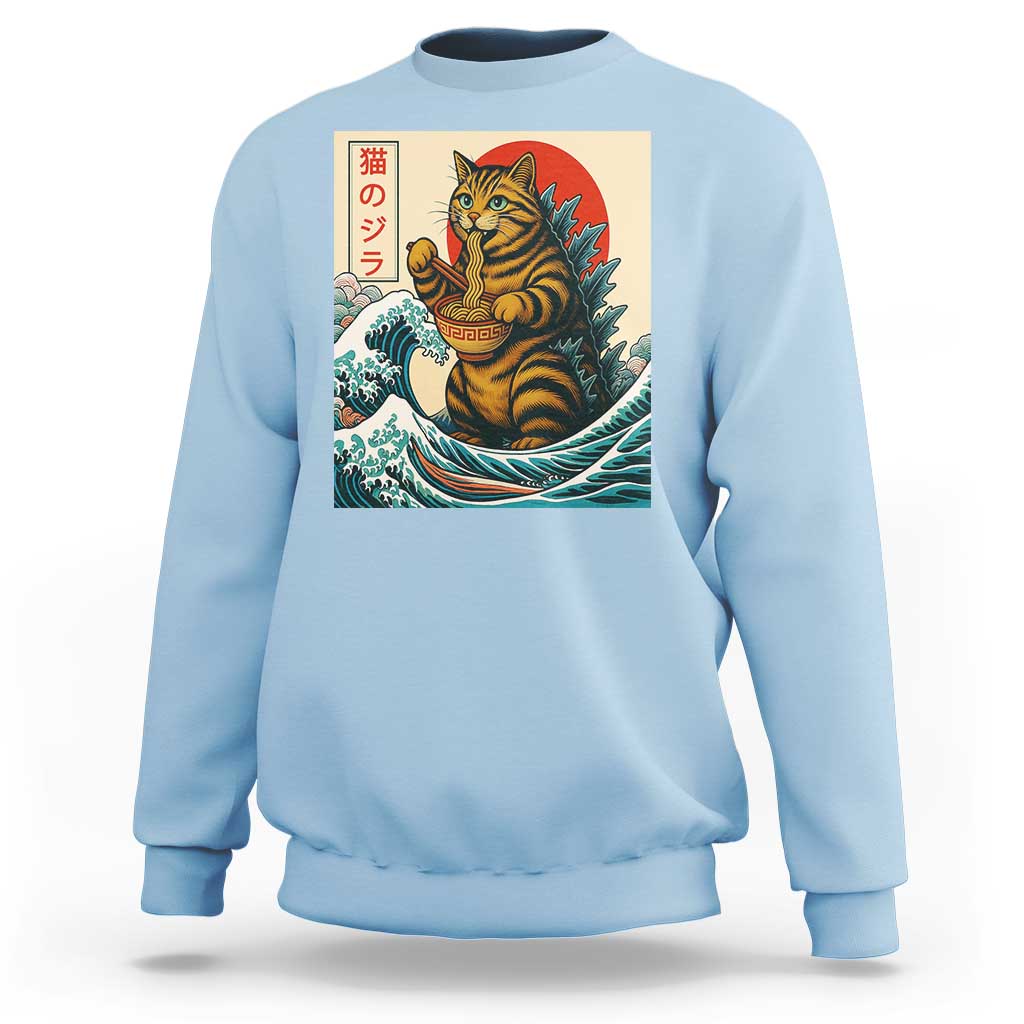 Catzilla Sweatshirt Cute Cat Eating Ramen Japanese Sun Wave Art - Wonder Print Shop