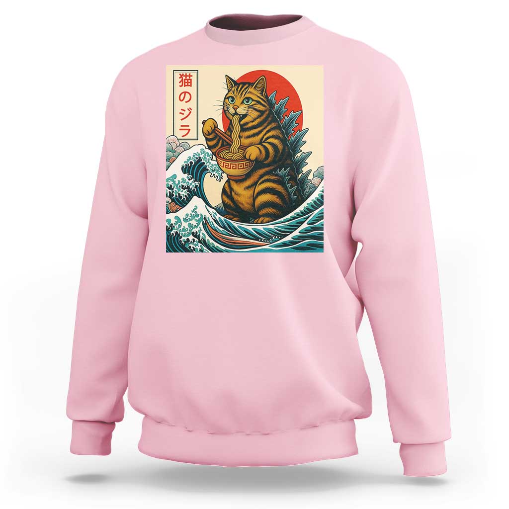 Catzilla Sweatshirt Cute Cat Eating Ramen Japanese Sun Wave Art - Wonder Print Shop