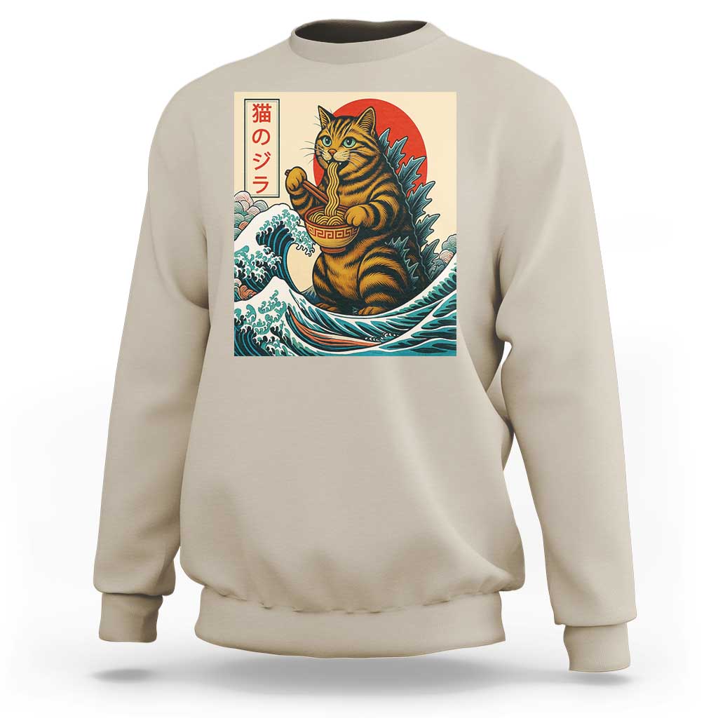 Catzilla Sweatshirt Cute Cat Eating Ramen Japanese Sun Wave Art - Wonder Print Shop