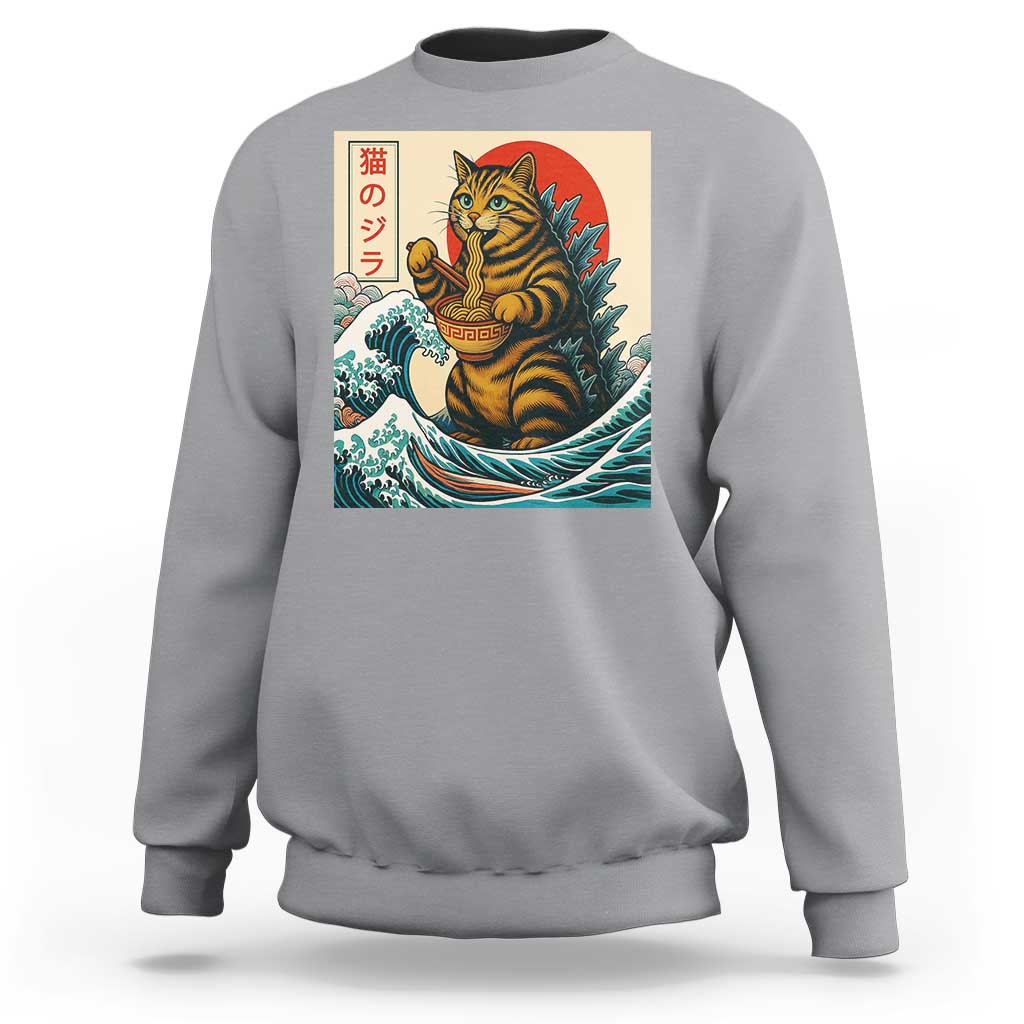 Catzilla Sweatshirt Cute Cat Eating Ramen Japanese Sun Wave Art - Wonder Print Shop