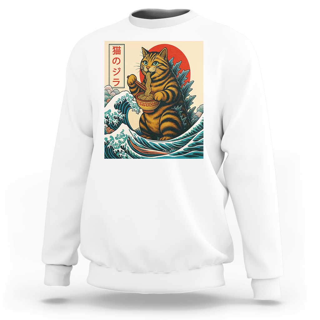 Catzilla Sweatshirt Cute Cat Eating Ramen Japanese Sun Wave Art - Wonder Print Shop